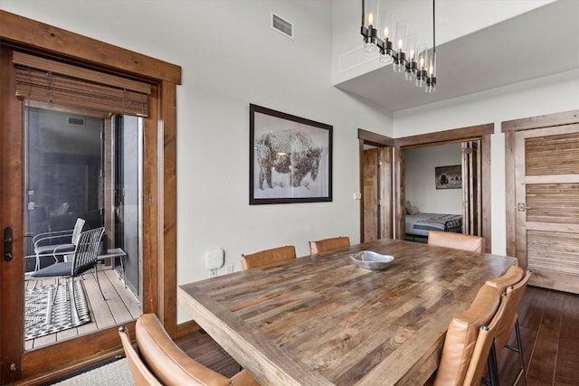 dining room featuring visible vents and dark wood-style flooring