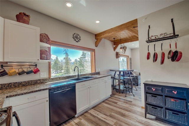 kitchen with recessed lighting, dishwasher, a sink, beam ceiling, and white cabinetry
