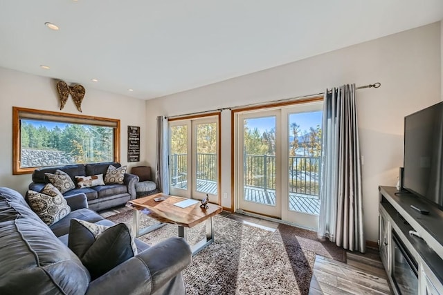 living area featuring wood finished floors and recessed lighting
