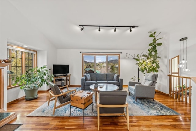 663 Amethyst Dr, Steamboat Springs, CO 80487 - living area with track lighting, wood finished floors, vaulted ceiling, and baseboards
