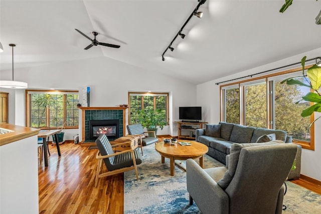 663 Amethyst Dr, Steamboat Springs, CO 80487 - living room featuring rail lighting, lofted ceiling, wood finished floors, a fireplace, and ceiling fan