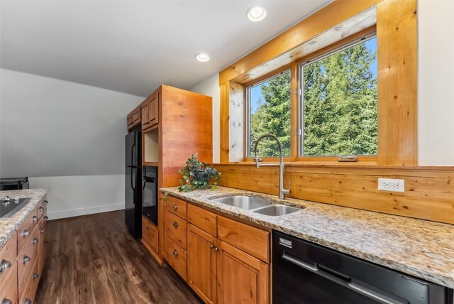 475 Vail Cir, Dillon, CO 80435 - kitchen featuring black appliances, a sink, light stone countertops, brown cabinets, and dark wood-type flooring