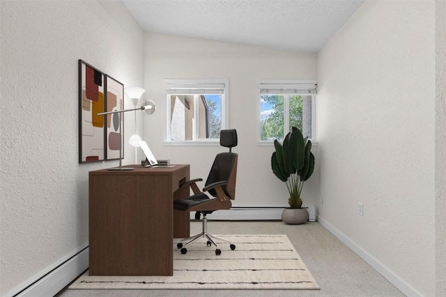 921 Fairview Blvd Unit 14, Breckenridge, CO 80424 - carpeted office featuring baseboard heating, a textured wall, and vaulted ceiling