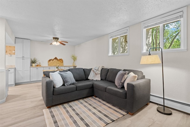 921 Fairview Blvd Unit 14, Breckenridge, CO 80424 - living room featuring light wood-style flooring, ceiling fan, a textured ceiling, and a baseboard radiator