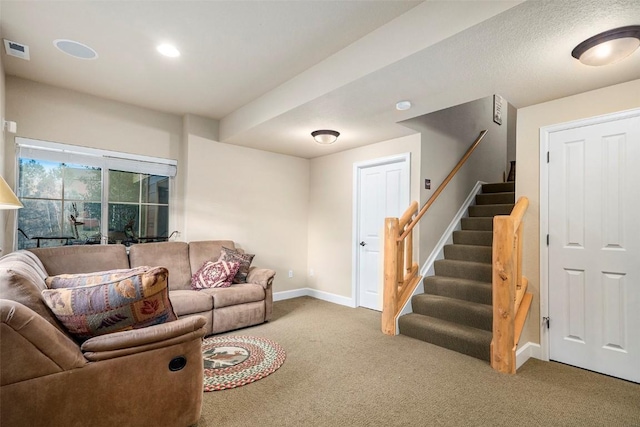 104 Saddle Horn Ct, Granby, CO 80446 - living area with recessed lighting, carpet, visible vents, baseboards, and stairs