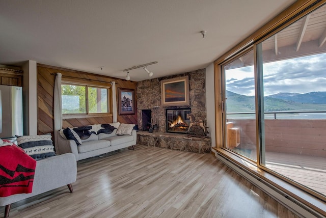 188 E Ln Bonte St Unit 327, Dillon, CO 80435 - living room featuring a baseboard heating unit, light wood-type flooring, a stone fireplace, rail lighting, and a mountain view