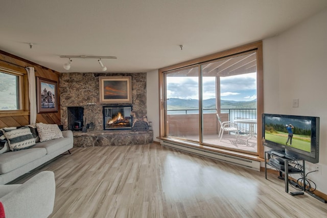 188 E Ln Bonte St Unit 327, Dillon, CO 80435 - living room with track lighting, a fireplace, light wood finished floors, and plenty of natural light