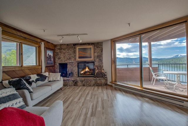 188 E Ln Bonte St Unit 327, Dillon, CO 80435 - living area featuring track lighting, a stone fireplace, healthy amount of natural light, and light wood finished floors