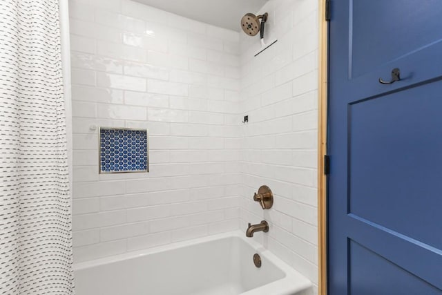 full bathroom with shower / bathtub combination with curtain
