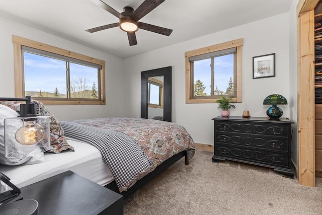 bedroom featuring multiple windows, carpet flooring, and baseboards