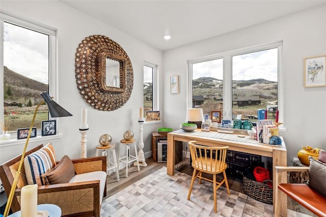 23430 Postrider Trl, Oak Creek, CO 80467 - office area with a mountain view, recessed lighting, wood finished floors, and baseboards