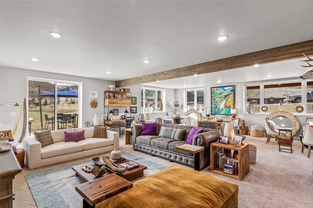 23430 Postrider Trl, Oak Creek, CO 80467 - carpeted living room featuring recessed lighting and beamed ceiling