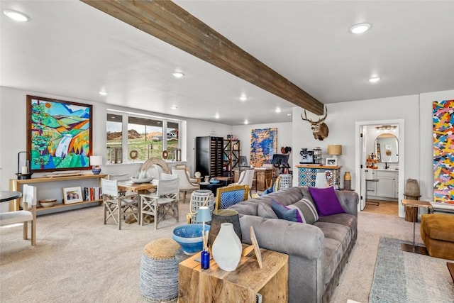 23430 Postrider Trl, Oak Creek, CO 80467 - living area with light carpet, beam ceiling, and recessed lighting