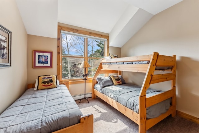 carpeted bedroom with a baseboard radiator and vaulted ceiling