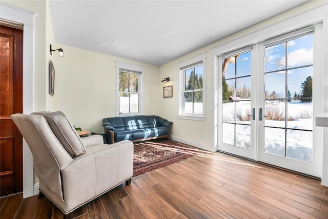 25640 6th Ave, Hahns Peak, CO 80428 - living room featuring wood finished floors, baseboards, and french doors