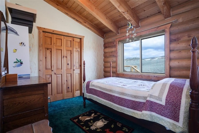 carpeted bedroom with rustic walls, vaulted ceiling with beams, and wood ceiling