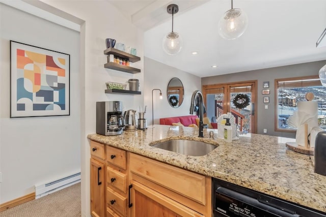 kitchen featuring light stone counters, a sink, a baseboard heating unit, light colored carpet, and black dishwasher