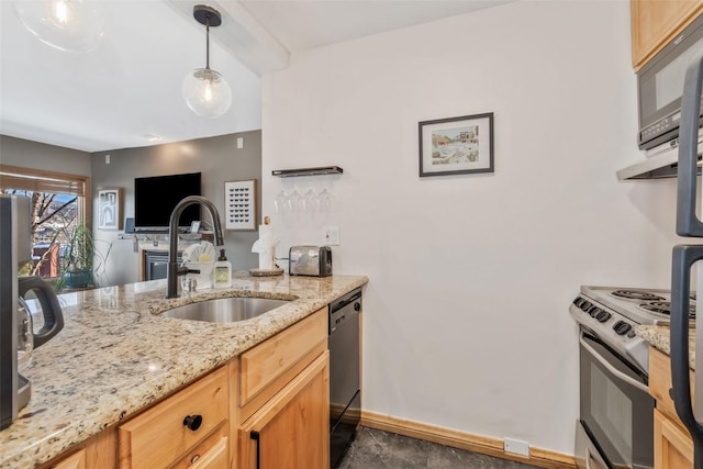 kitchen with a sink, stainless steel range with electric stovetop, beamed ceiling, light stone countertops, and black dishwasher