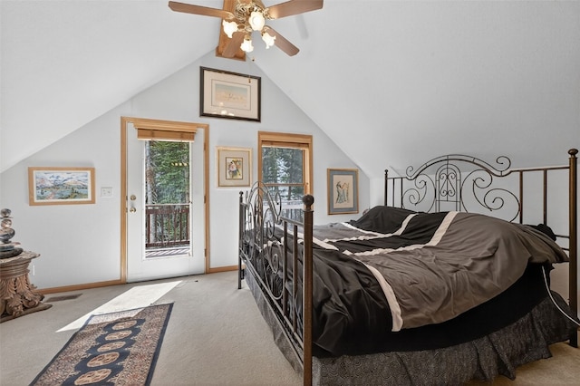 441 Kimmes Ln, Breckenridge, CO 80424 - bedroom with access to exterior, carpet floors, vaulted ceiling, baseboards, and ceiling fan
