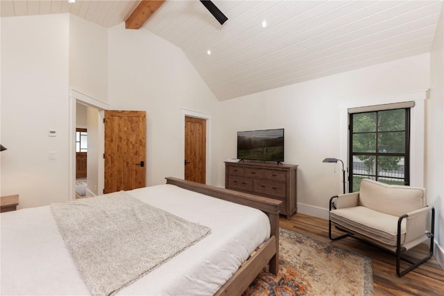 300 E Washington Ave, Breckenridge, CO 80424 - bedroom featuring wood finished floors, beamed ceiling, recessed lighting, high vaulted ceiling, and a ceiling fan