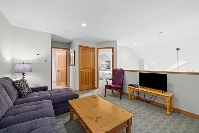 23110 US Highway 6 Unit 5044, Keystone, CO 80435 - carpeted living area with baseboards, recessed lighting, vaulted ceiling, and electric panel