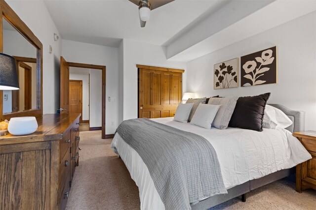 34 Highfield Trl Unit 203, Breckenridge, CO 80424 - bedroom featuring baseboards, a closet, light colored carpet, and ceiling fan