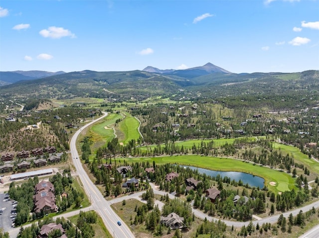 bird's eye view featuring a water and mountain view, a residential view, and golf course view