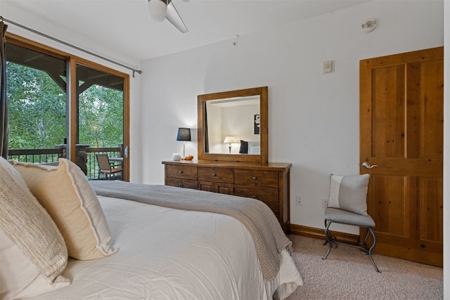 bedroom featuring ceiling fan, carpet floors, baseboards, and access to outside