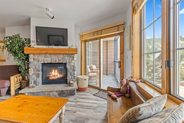 150 Dercum Sq Unit 8499, Keystone, CO 80435 - living room featuring a fireplace and wood finished floors