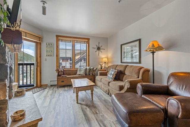 150 Dercum Sq Unit 8499, Keystone, CO 80435 - living room featuring a baseboard radiator and light wood-style flooring