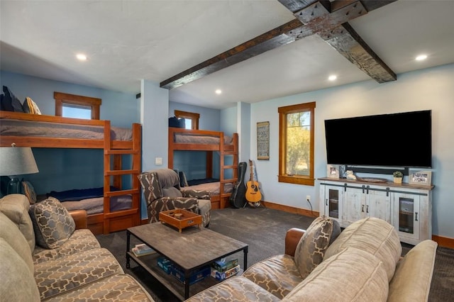32505 County Road 20, Steamboat Springs, CO 80487 - living room featuring beamed ceiling, baseboards, carpet, and recessed lighting