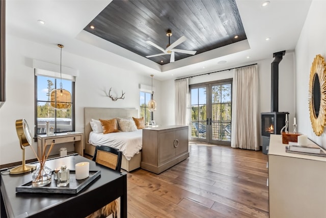 257 Barton Ridge Dr, Breckenridge, CO 80424 - bedroom featuring a raised ceiling, access to outside, hardwood / wood-style floors, recessed lighting, and wood ceiling