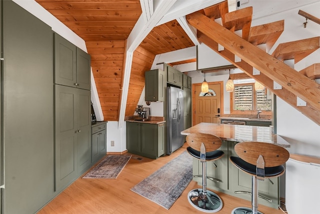 181 Shekel Ln, Breckenridge, CO 80424 - kitchen featuring green cabinets, appliances with stainless steel finishes, wood ceiling, a sink, and light wood finished floors