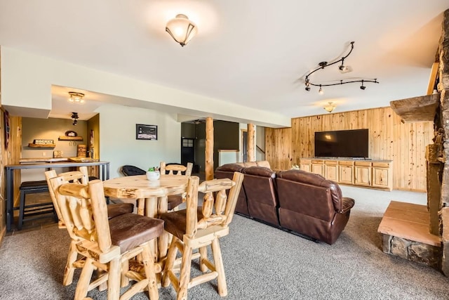 133 Lake Dr, Florissant, CO 80816 - dining space with bar area, carpet floors, track lighting, and wooden walls