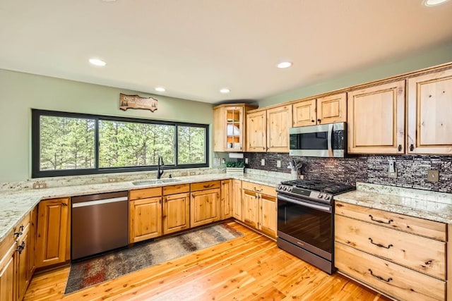 133 Lake Dr, Florissant, CO 80816 - kitchen featuring tasteful backsplash, stainless steel appliances, light wood finished floors, and a sink