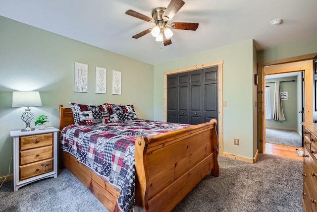 133 Lake Dr, Florissant, CO 80816 - bedroom featuring a ceiling fan, baseboards, a closet, and carpet