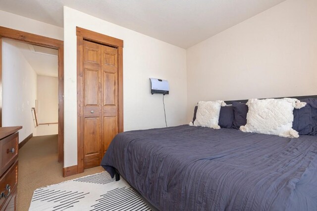 bedroom featuring light carpet and a closet