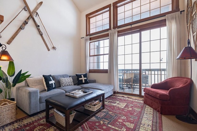 living room with a high ceiling