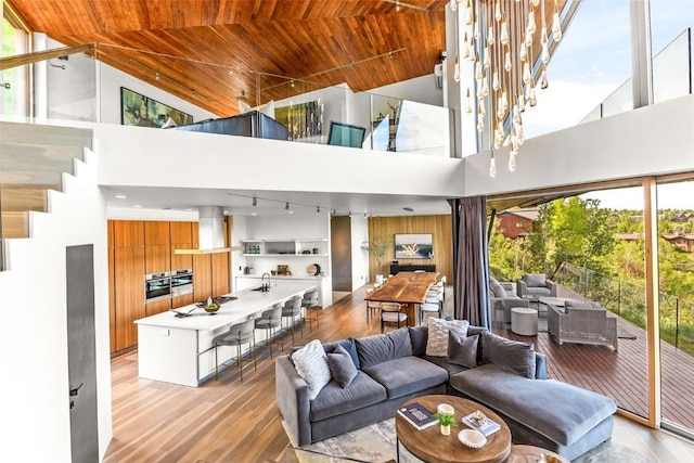 806 Amethyst Dr, Steamboat Springs, CO 80487 - living area with wood ceiling, a high ceiling, and light wood-style floors
