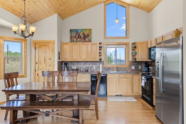 1729 Pinto Trl, Como, CO 80432 - kitchen featuring black appliances, light brown cabinetry, open shelves, a chandelier, and wooden ceiling