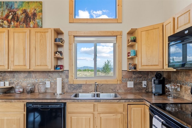 1729 Pinto Trl, Como, CO 80432 - kitchen featuring black appliances, light brown cabinetry, open shelves, and tasteful backsplash