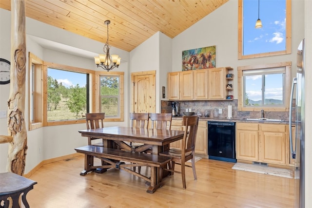 1729 Pinto Trl, Como, CO 80432 - dining space featuring light wood finished floors, a chandelier, wood ceiling, and high vaulted ceiling