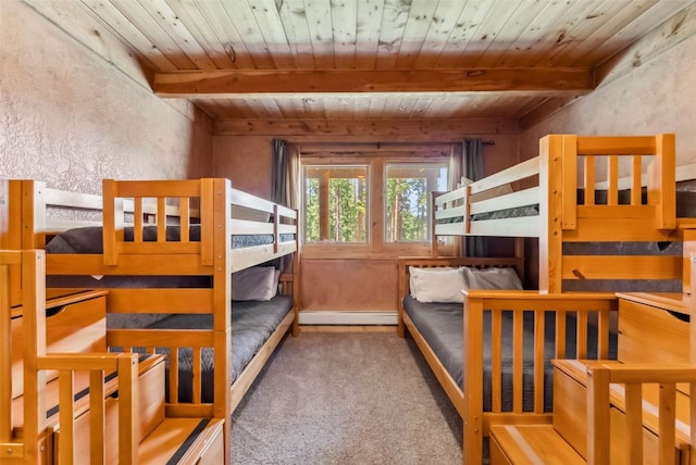 665 Whispering Pines Ln, Breckenridge, CO 80424 - carpeted bedroom featuring a wood ceiling with exposed beams and a baseboard radiator
