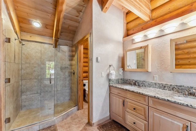 665 Whispering Pines Ln, Breckenridge, CO 80424 - full bath with double vanity, a stall shower, wooden ceiling, and tile patterned floors