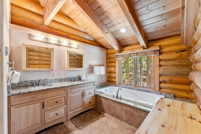 665 Whispering Pines Ln, Breckenridge, CO 80424 - full bath featuring double vanity, a wood ceiling with exposed beams, a bath, log walls, and tile patterned floors