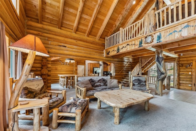 665 Whispering Pines Ln, Breckenridge, CO 80424 - tiled living area with a wood ceiling with exposed beams, high vaulted ceiling, and rustic walls
