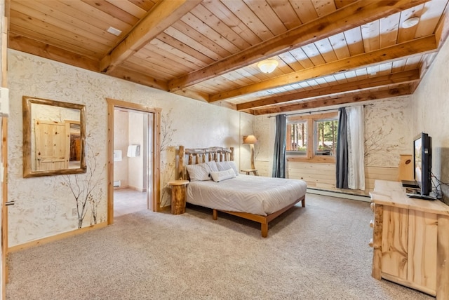 665 Whispering Pines Ln, Breckenridge, CO 80424 - bedroom featuring a wood ceiling with exposed beams, a baseboard radiator, and carpet