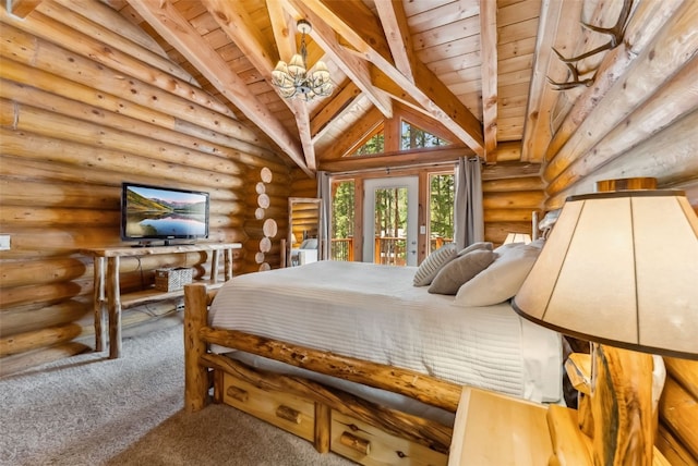 665 Whispering Pines Ln, Breckenridge, CO 80424 - bedroom featuring carpet flooring, wood ceiling, rustic walls, and access to outside