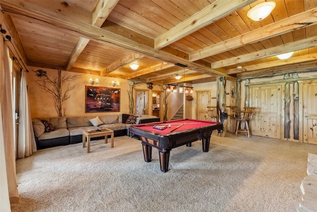 665 Whispering Pines Ln, Breckenridge, CO 80424 - playroom with billiards table, carpet, and a wood ceiling with exposed beams