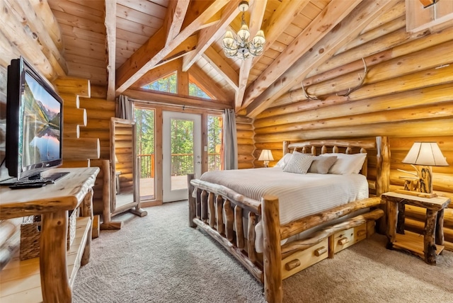 665 Whispering Pines Ln, Breckenridge, CO 80424 - carpeted bedroom with wooden ceiling, access to outside, and rustic walls